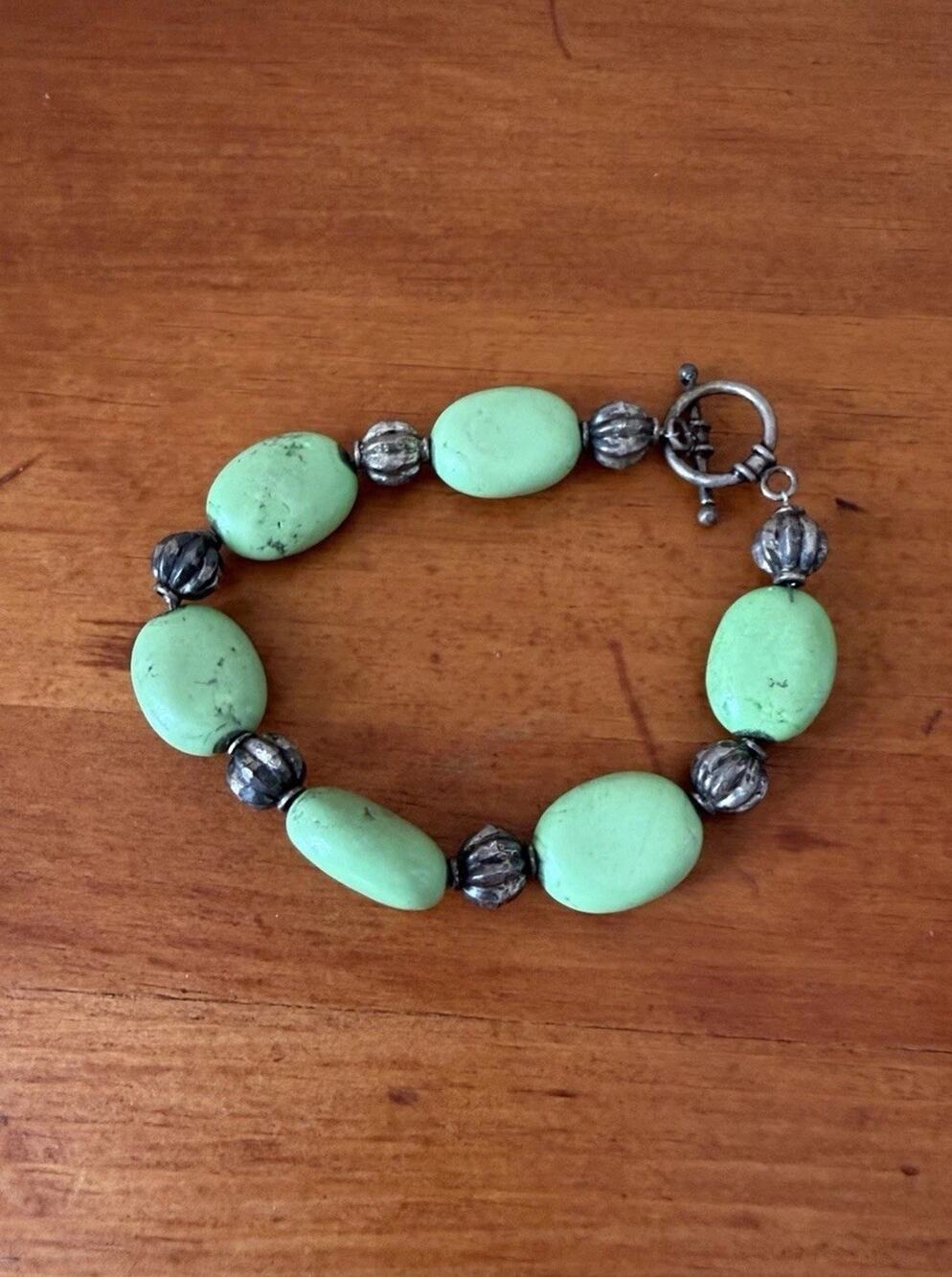 Turquoise Style Beaded Bracelet Silver Tone Accent Boho Southwest Jewelry